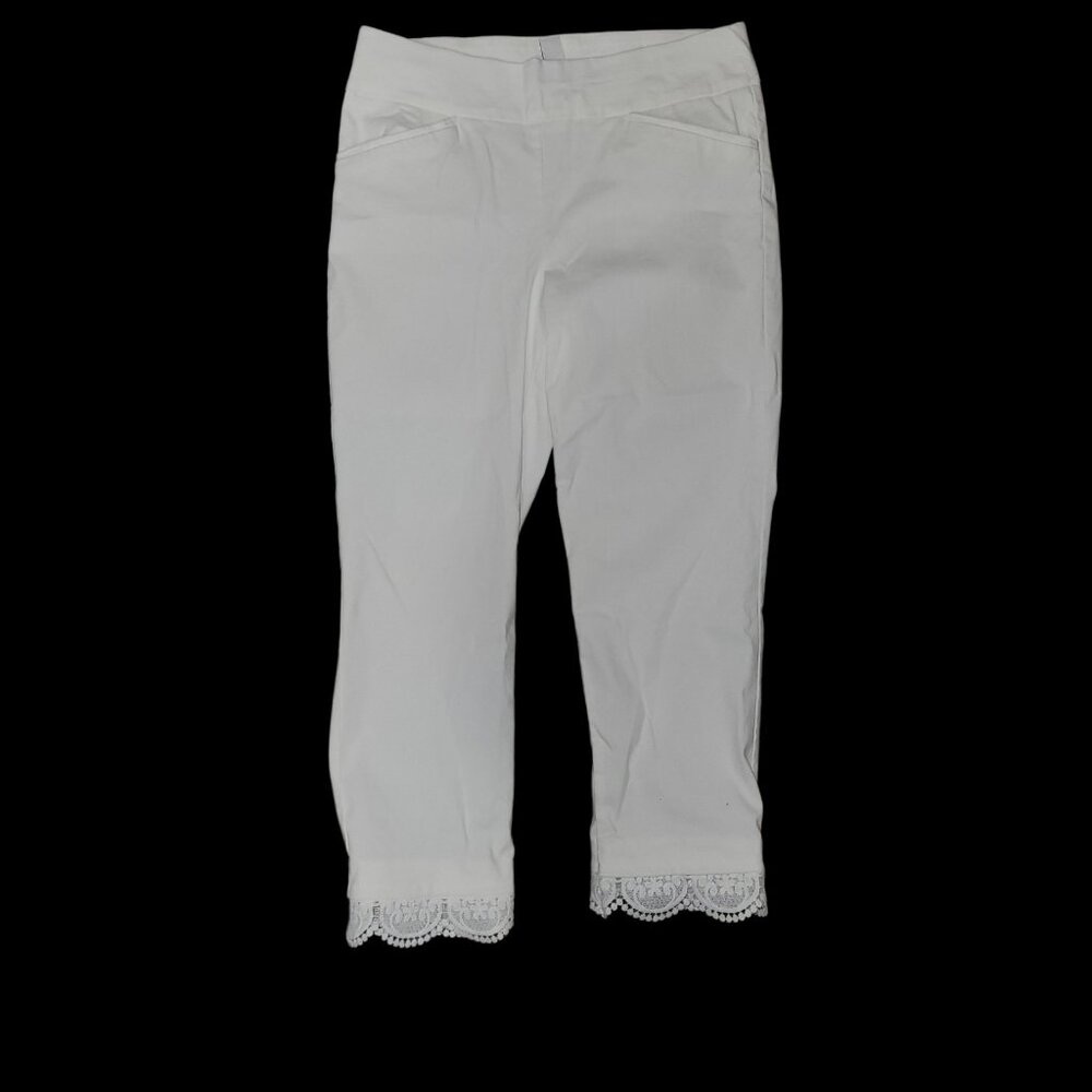 Chicos Perfect Stretch Cropped Pants Sz 0.5 (6)  White Elastic Waist Lace - Picture 2 of 3